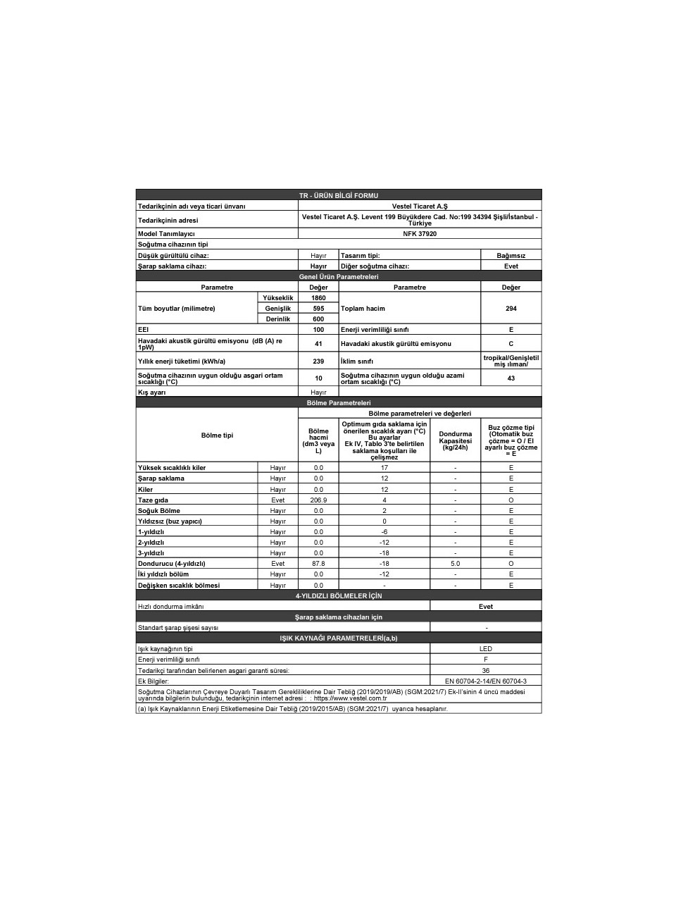 resimler/genel/Regal Nfk 37920 E Enerji Sınıfı 294 Lt No Frost Kombi Buzdolabı