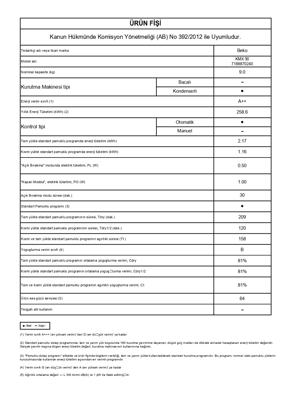 resimler/genel/Beko Kmx 90 9 kg A++ Enerjili Isı Pompalı Kurutma Makinası