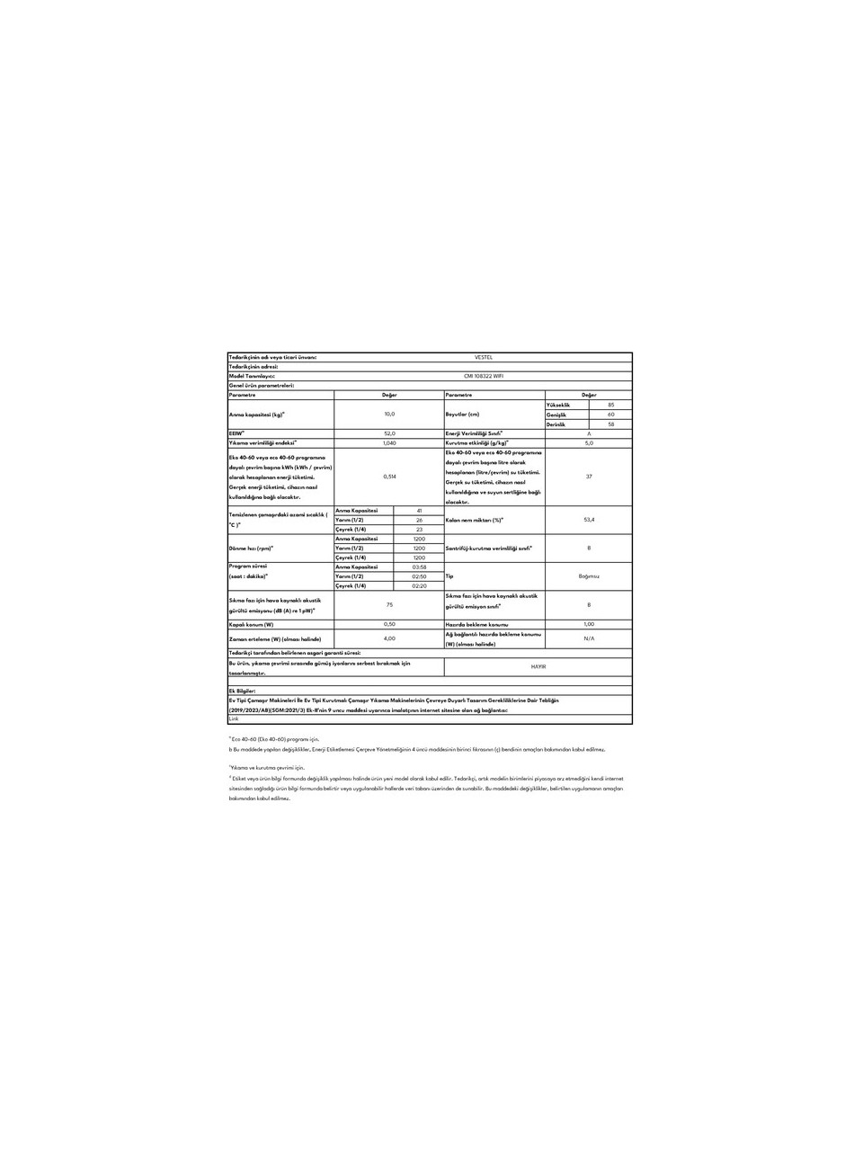 Vestel CMI 108322 Wifi 10 kg 1200 Devir Çamaşır Makinesi