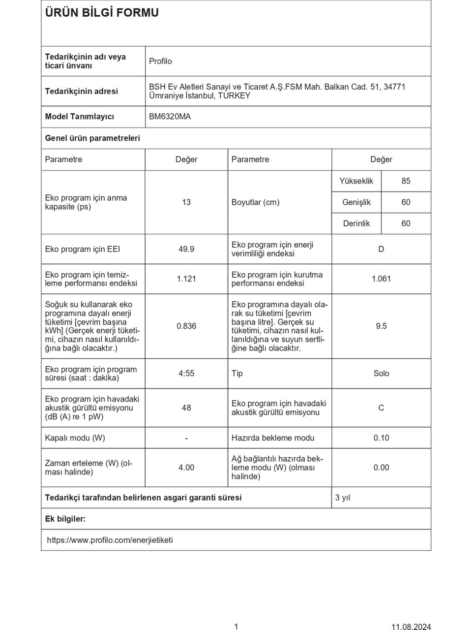 Profilo BM6320MA D Enerji Sınıfı 6 Programlı Bulaşık Makinesi