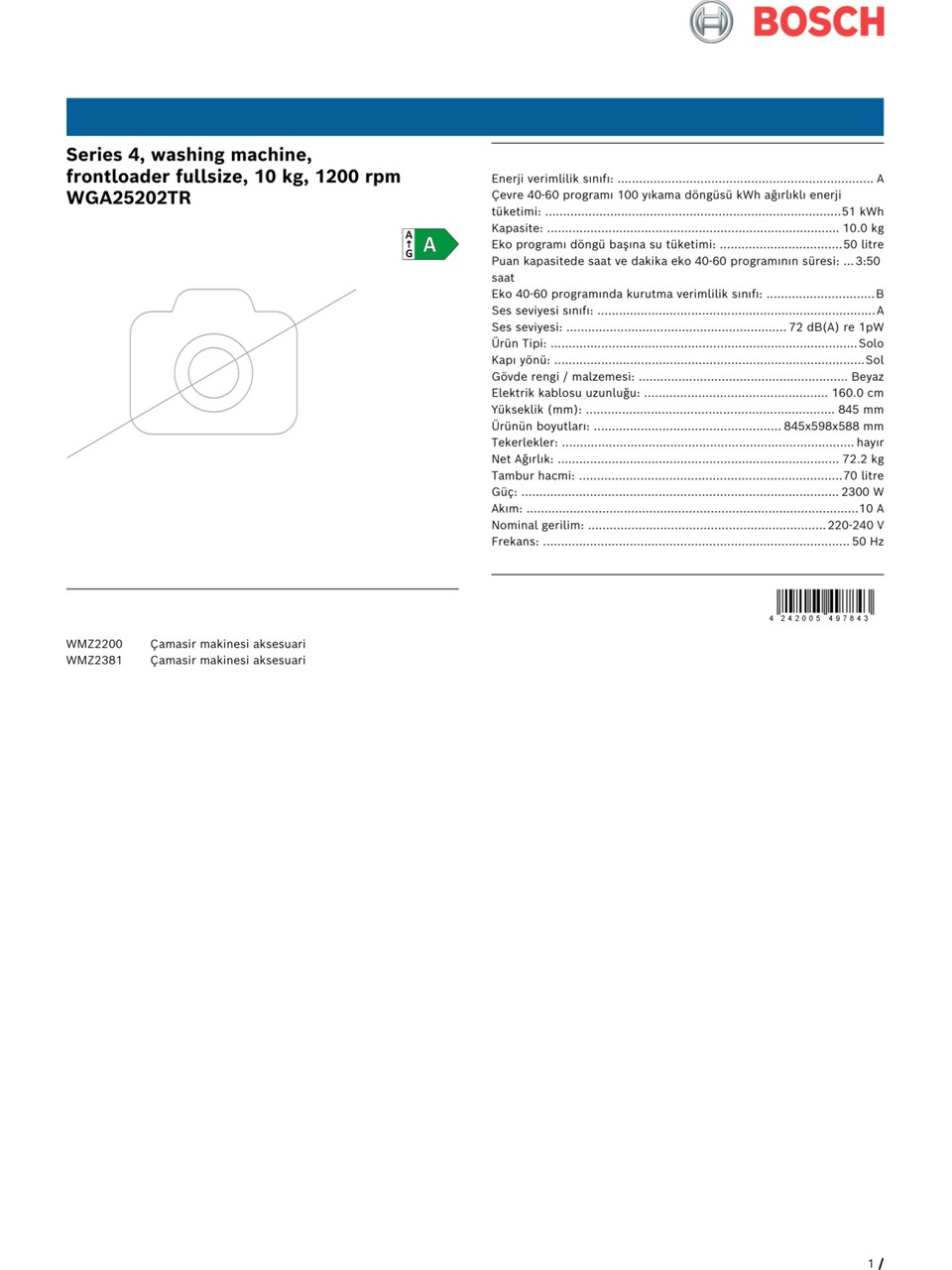 Bosch WGA25202TR Serie 4 Çamaşır Makinesi 10 kg 1200 Dev.dak. A Beyaz