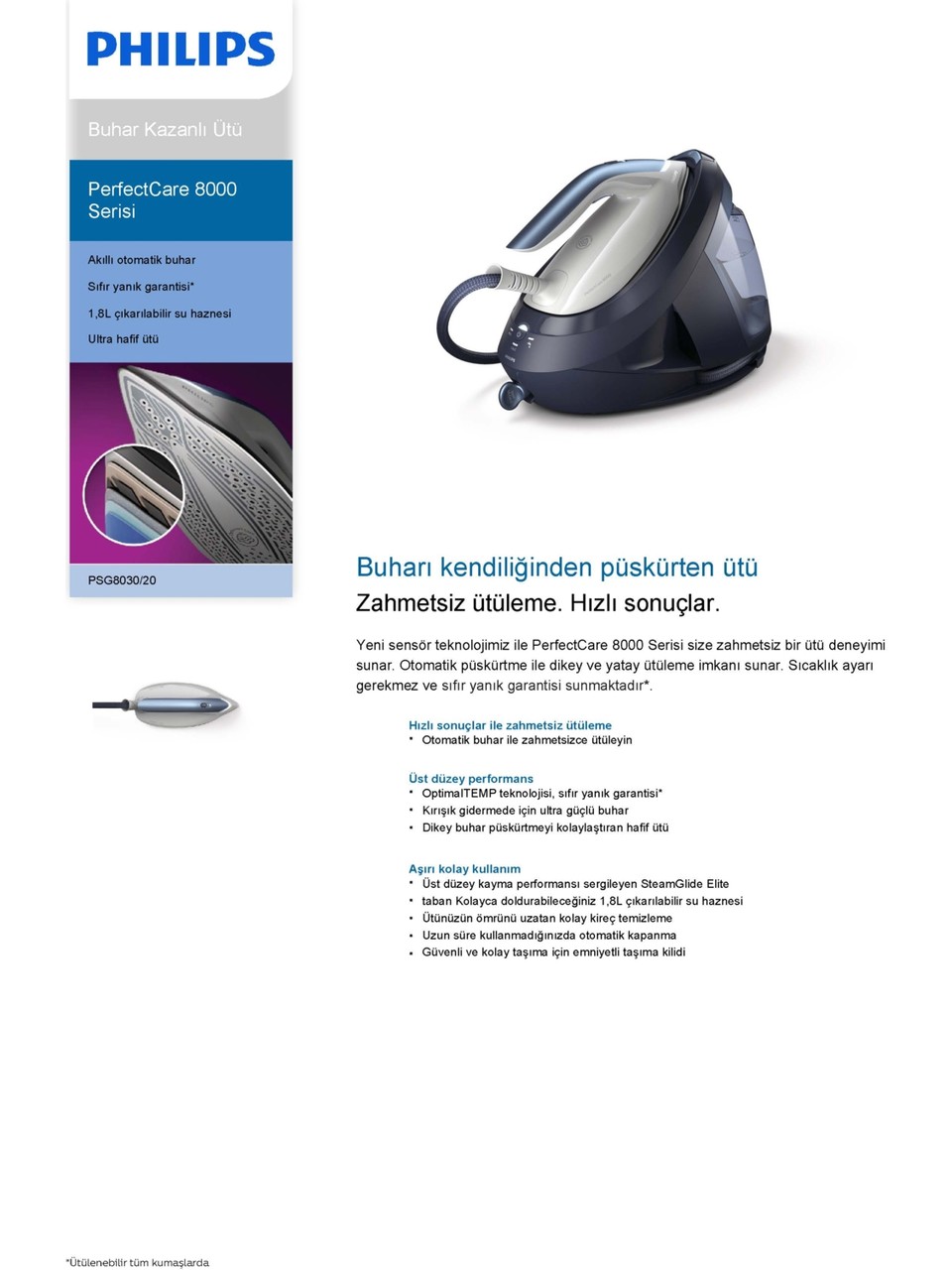 Philips PSG803020 8000 Sersisi Perfectcare Buhar Kazanlı Ütü, Akıllı Otomatik Buhar, 1,8 L Çıkarılabilir Su Haznesi, SteamGlide Elite