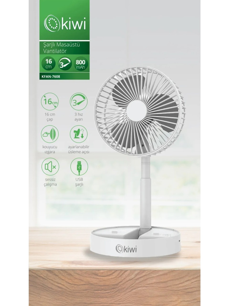 resimler/genel/Kiwi KFAN-7608 Şarjlı Beyaz Ayarlanılabilir Mini Fan Masa Üstü Vantilatörü USB Soğutucu Sessiz El Fanı