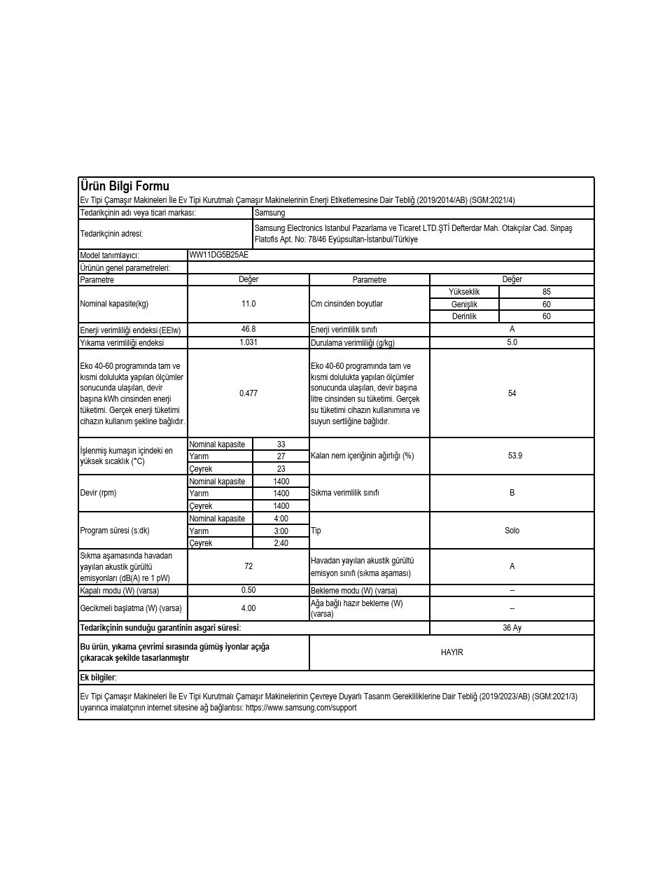 resimler/genel/Samsung WW11DG5B25AEAH A Enerji Sınıfı 11 kg 1400 Devir Çamaşır Makinesi