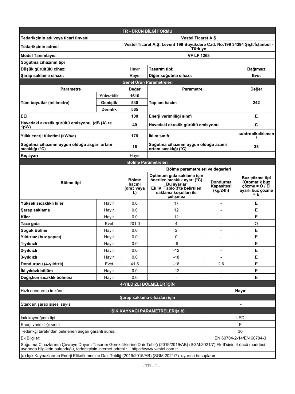resimler/genel/Vestfrost VF LF 1268 242 Lt Statik Buzdolabı
