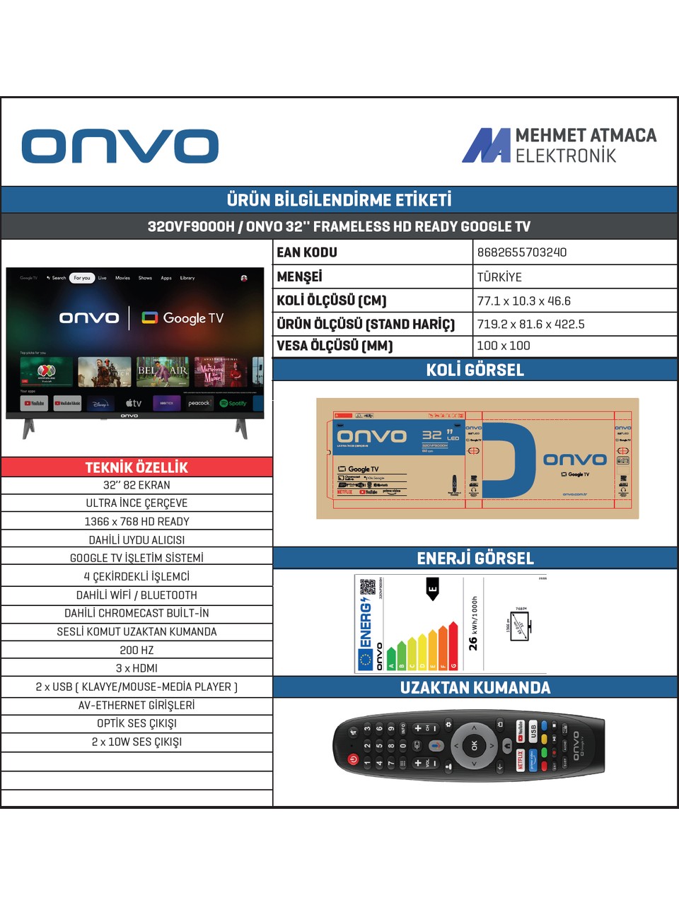 resimler/genel/Onvo 32OVF9000H 32’’ 82 Ekran Uydu Alıcılı HD Ready Google LED TV