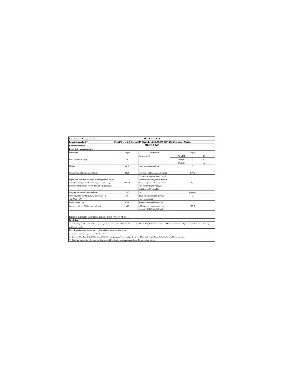 Vestel BM 4212 X WIFI Bulaşık Makinesi