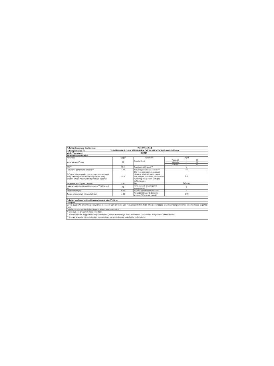 Regal Bm 424 4 Program Bulaşık Makinesi