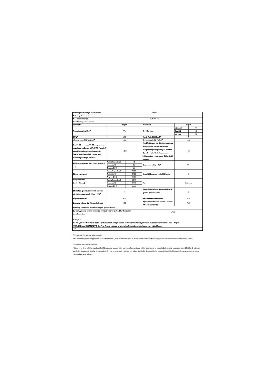 resimler/genel/Vestel CMI 106321 10 Kg 1200 Devir Çamaşır Makinesi