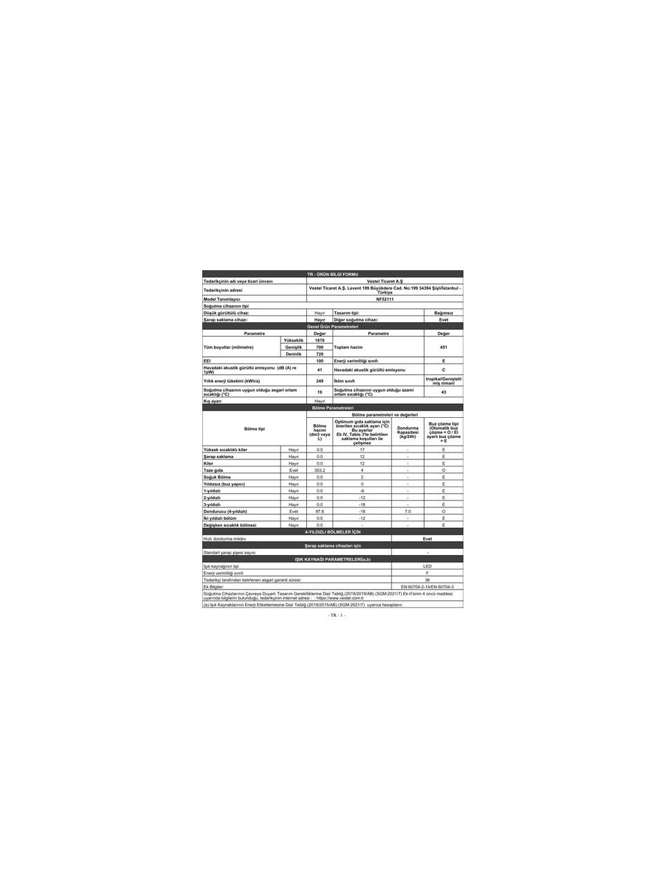 Vestel NF52111 451 Lt E Enerji Sınıfı No-Frost Buzdolabı