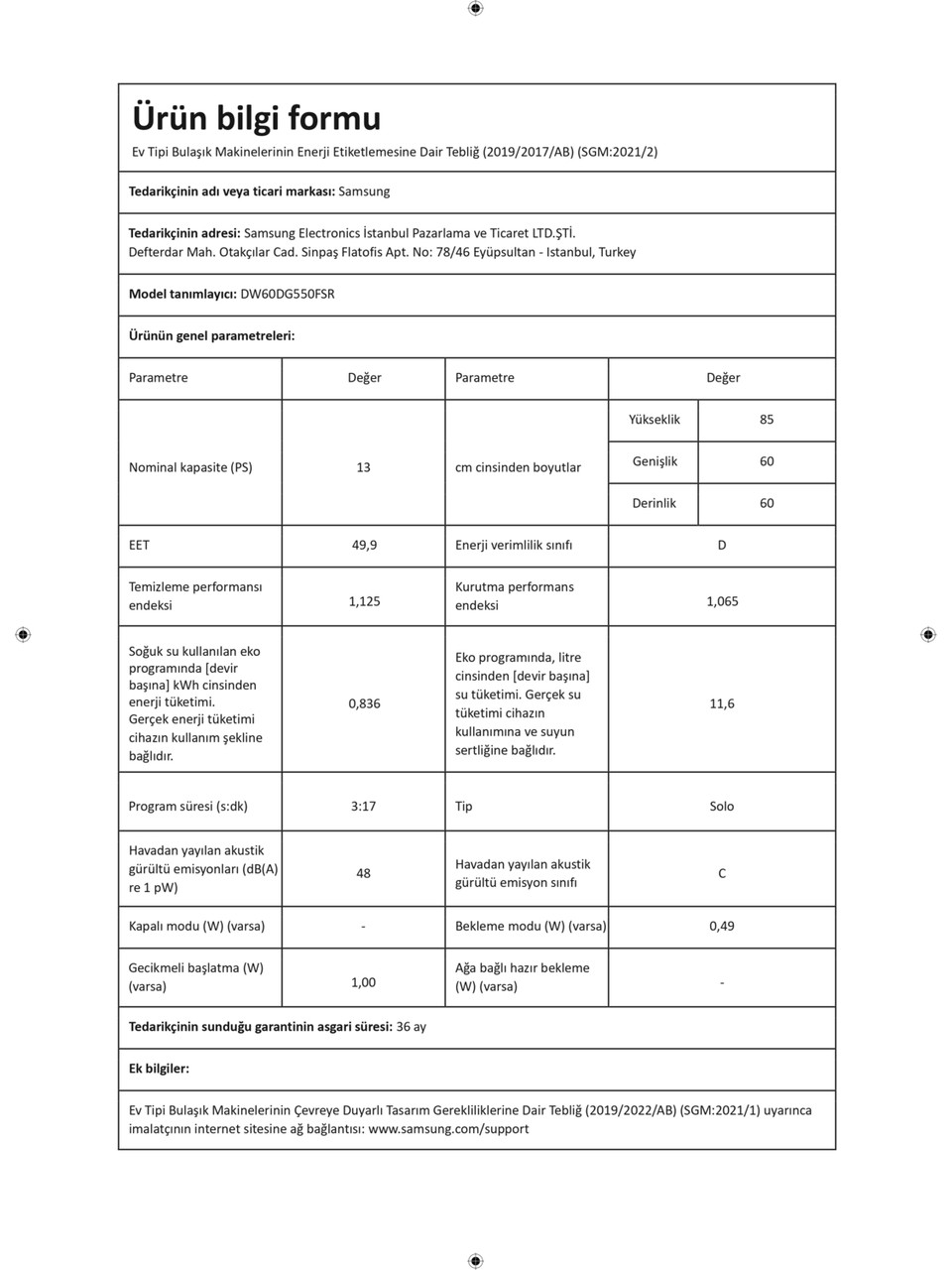 resimler/genel/Samsung DW60DG550FSRTR 5 Programlı Bulaşık Makinesi, D Enerji Sınıfı