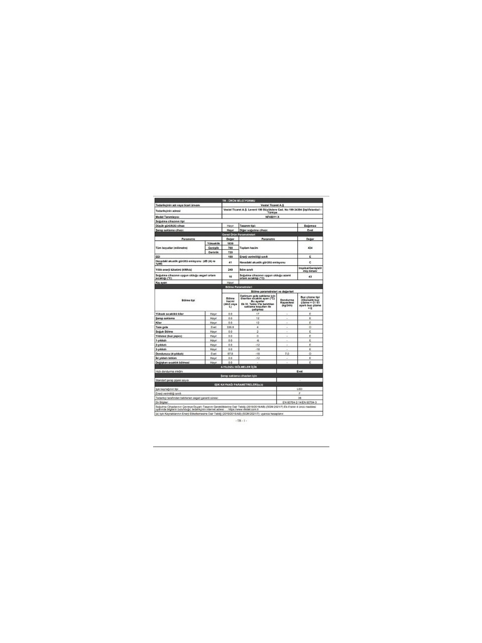 Vestel NF48011 E Sınıfı 434 Lt No-Frost Buzdolabı