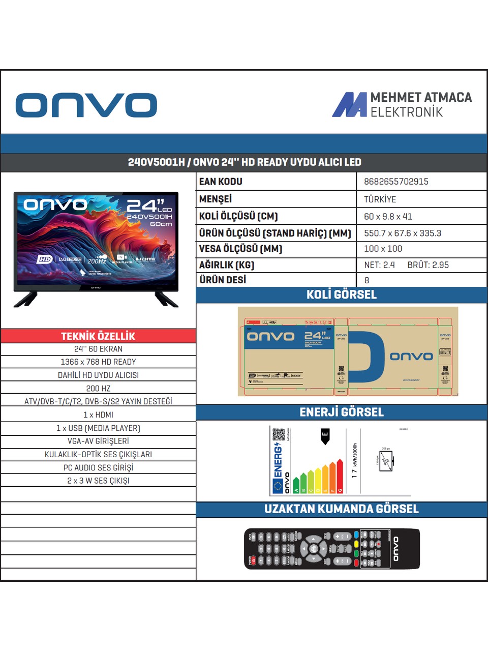 Onvo 24OV5001H 24'' 60 Ekran Uydu Alıcılı HD Ready LED TV