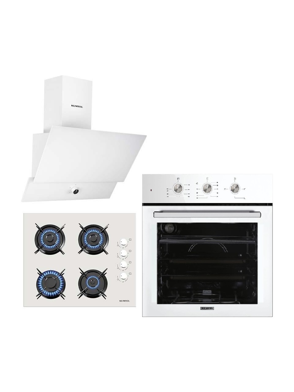 Kumtel Beyaz Cam Ankastre Set (DA6-830 Beyaz Davlumbaz + KO-40TAHDF Ankastre Beyaz Ocak + B66 - S2 (Mt) 3 Pro 3 Düğme(Plus)
