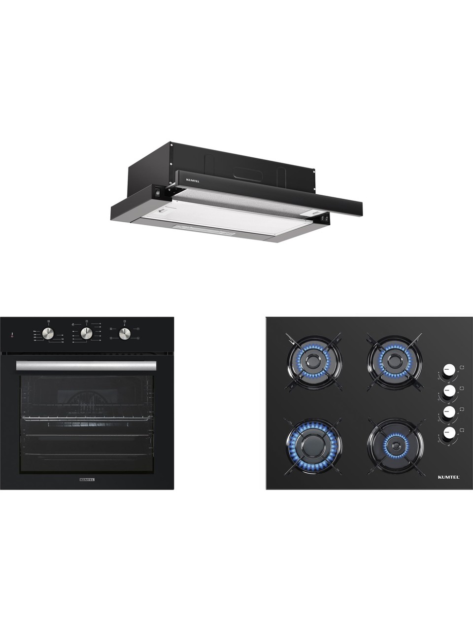 Kumtel Siyah Aspiratörlü Kristal Ankastre Set (B66 - SF2 (MT) + KO-40TAHDF + DS6-905S)