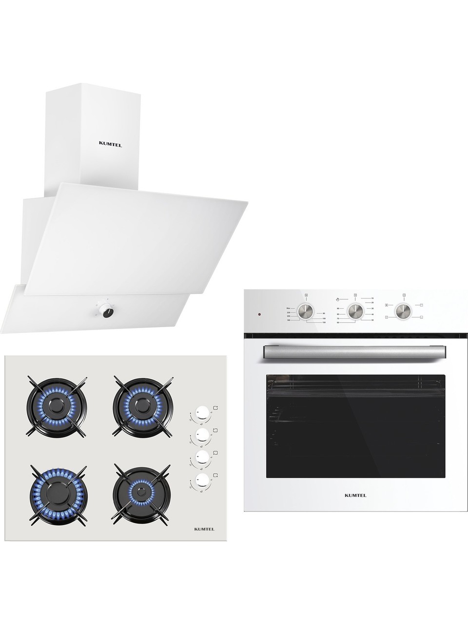 Kumtel Turbo Kristal Beyaz Cam Ankastre Set (DA6-830 Davlumbaz + Ko-40 Tahdf Ocak + B66-SF2 Fırın)
