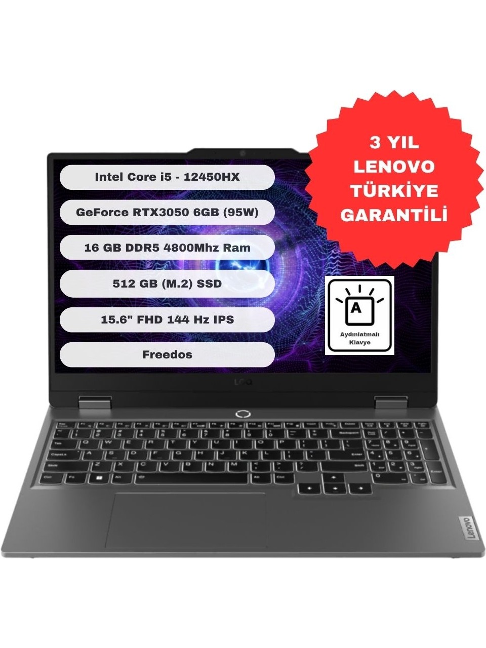 Lenovo LOQ 15IAX9 Intel Core I5 12450HX 16 GB 512GB SSD RTX3050 Freedos 15.6