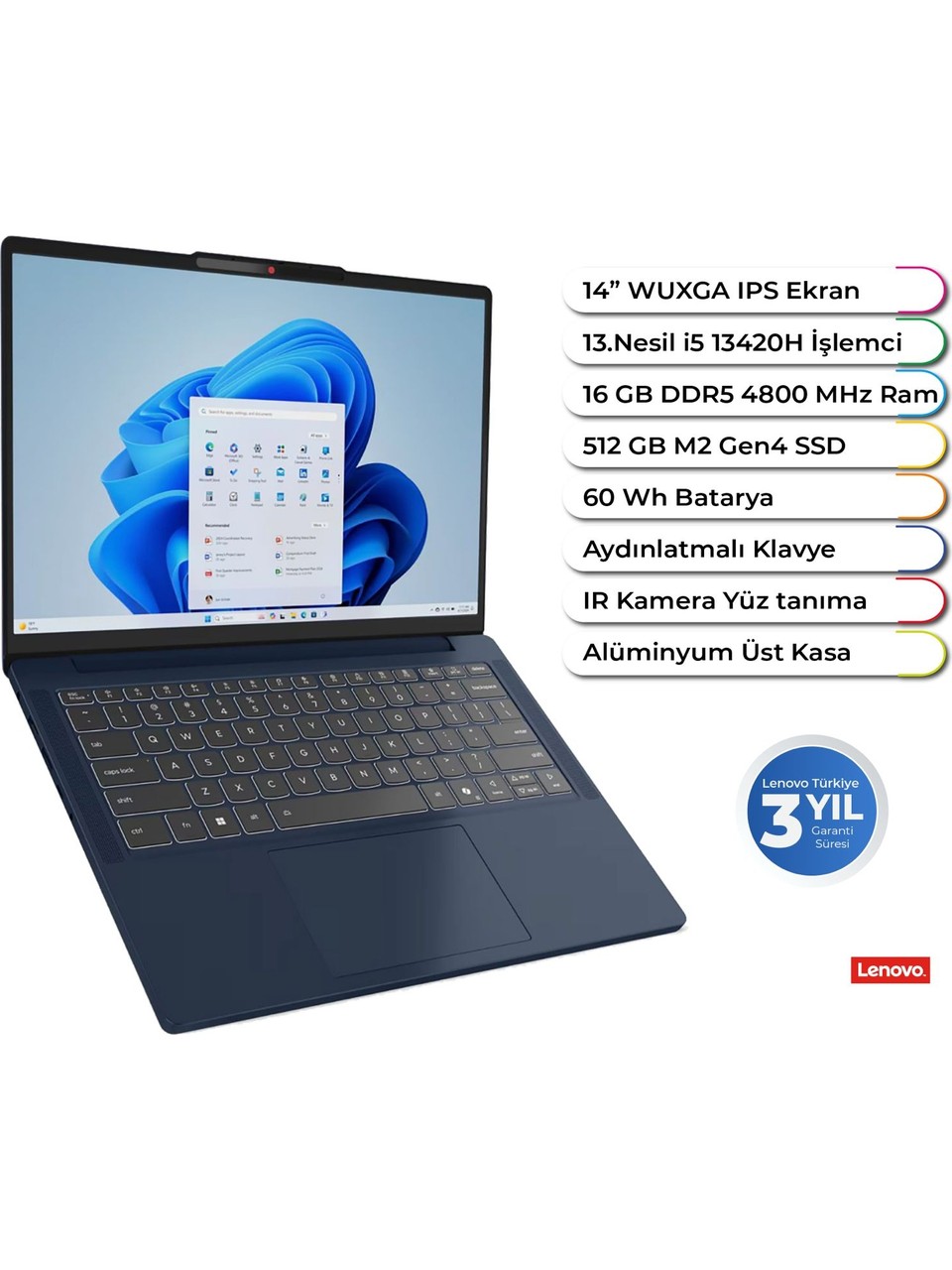 Lenovo Ideapad Slim 3 14IRH10 Intel I5 13420H Ddr5 16 GB 512 GB Freedos 14 Inç Wuxga Aydınlatmalı Klavye