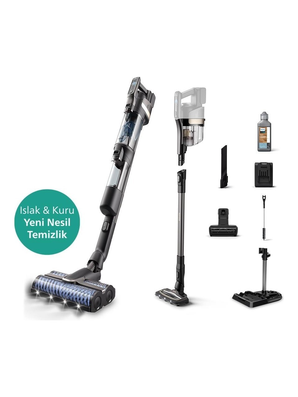 Philips 9000 Serisi AquaTrio Kablosuz Dikey Süpürge, Otomatik Temizleme ve Şarj İstasyonu, AquaSpin Başlık, PowerCyclone Aqua
